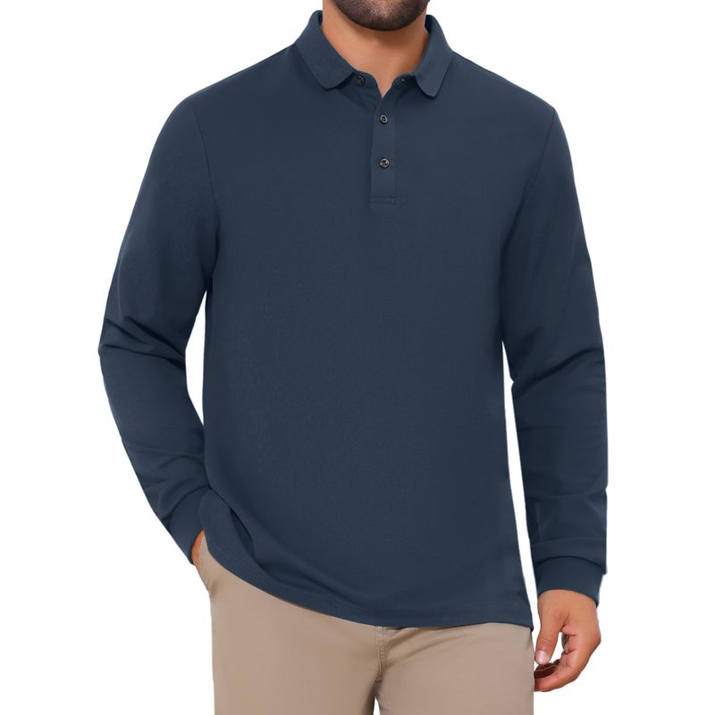 Classic Solid Color Long Sleeves Basic Golf Polo TShirts Dark Blue